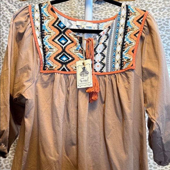 easel Tops - Easel Embroidered Blouse with Geometric Patterns in Tan and Orange